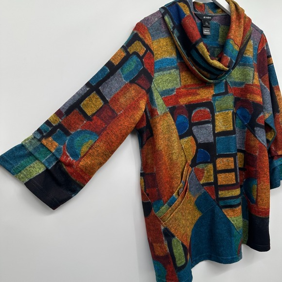 Ali Miles Brushed Knit Top Shirt Size Large 3/4 Sleeve‎ Cowl Neck Artsy Boho New - Picture 2 of 16